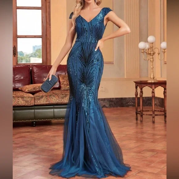 Luxe mermaid hem mesh sequins party formal dress - Picture 5 of 6